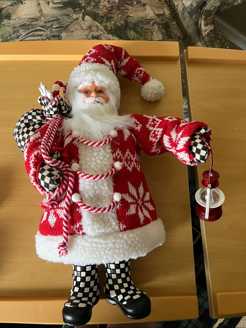 Mackenzie Childs Santa about 14 inches tall. Cute!